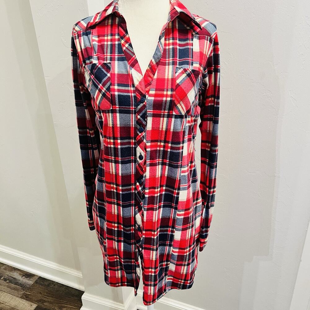 Passport Red/Blue Plaid Button Down Tunic Long Sleeves Roll & Button M (A0129)